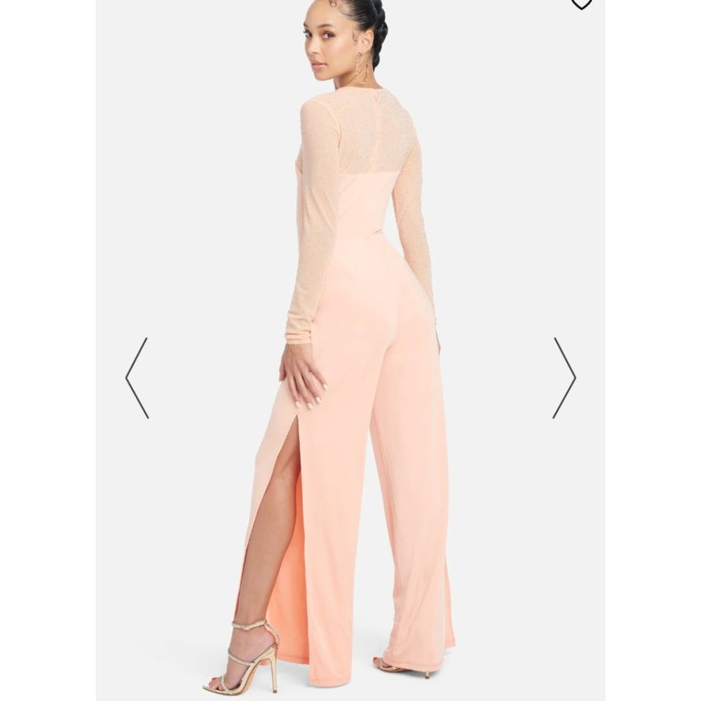 BEBE Jumpsuit L Peach Parfait Embellished Illusion Wide Leg Cocktail Stretch - Picture 3 of 12